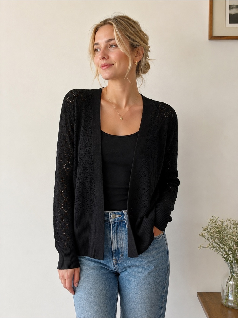 Madison Black Open-Front Knit Cardigan